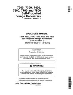 John Deere 7200, 7300, 7400, 7500, 7700, and 7800 Self-Propelled Forage Harvesters North American Edition Forage harvester Operator manual OMZ104000 — actual manual cover
