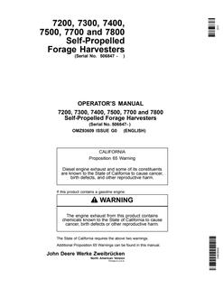 John Deere 7200, 7300, 7400, 7500, 7700, and 7800 Self-Propelled Forage Harvesters North American Version Forage harvester Operator manual OMZ93609 — actual manual cover