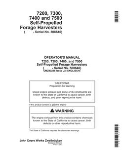 John Deere 7200, 7300, 7400, and 7500 Self-Propelled Forage Harvesters European Version Forage harvester Operator manual OMZ93285 — actual manual cover