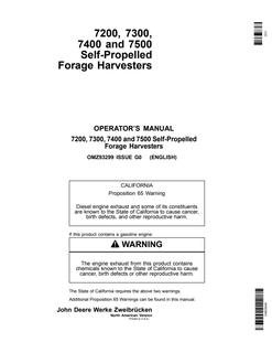 John Deere 7200, 7300, 7400, and 7500 Self-Propelled Forage Harvesters North American Version Forage harvester Operator manual OMZ93299 — actual manual cover