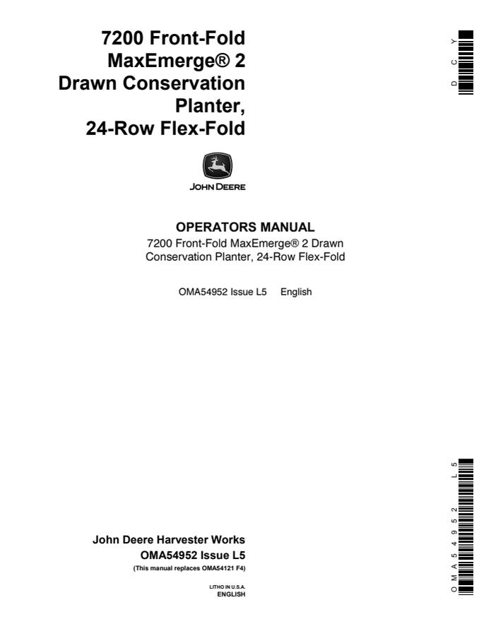 John Deere 7200 Front-Fold MaxEmerge 2 Drawn Conservation Planter 24-Row Flex-Fold Planter Operator manual OMA54952 — actual manual cover