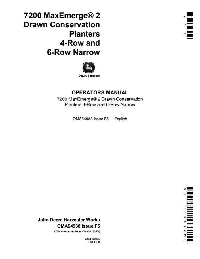 John Deere 7200 MaxEmerge 2, 4-row and 6-row narrow Planter Operator's manual OMA54938 — actual manual cover