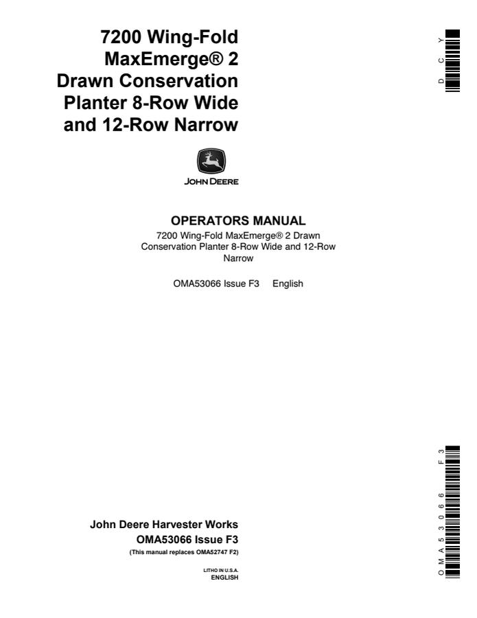 John Deere 7200 Wing-Fold MaxEmerge 2; 8-row wide, 12-row narrow Planter Operator's Manual OMA53066 — actual manual cover