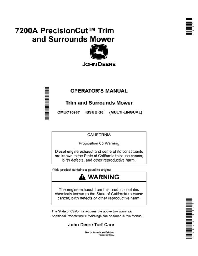 John Deere 7200A PrecisionCut Trim and Surrounds Mower North American Edition Mower Operator manual OMUC10967 — actual manual cover