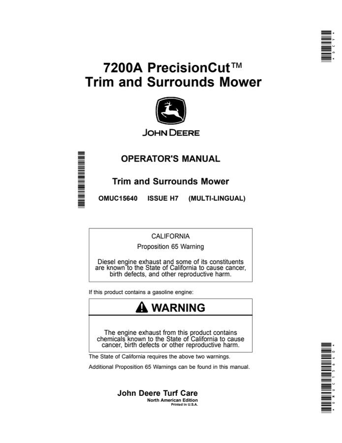 John Deere 7200A PrecisionCut Trim and Surrounds Mower North American Edition Mower Operator manual OMUC15640 — actual manual cover
