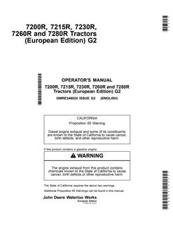 John Deere 7200R, 7215R, 7230R, 7260R, and 7280R Tractors European Edition Tractor Operator manual OMRE346524 — actual manual cover