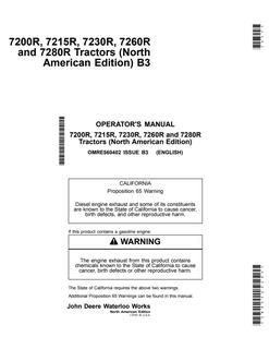 John Deere 7200R, 7215R, 7230R, 7260R, and 7280R Tractors North American Edition Tractor Operator manual OMRE560402 — actual manual cover