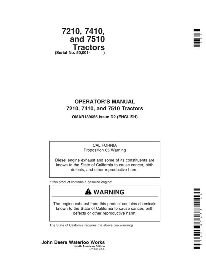 John Deere 7210, 7410, 7510 Agricultural tractor Operator's manual OMAR189655 — actual manual cover