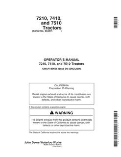 John Deere 7210, 7410, 7510 Agricultural tractor Operator's manual OMAR189655 — actual manual cover