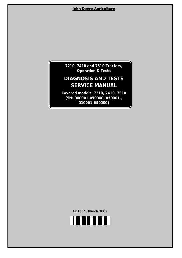 John Deere 7210, 7410, 7510 Tractor Diagnosis And Tests Service Manual TM1654 — actual manual cover