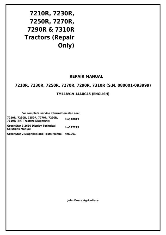 John Deere 7210R, 7230R, 7250R, 7270R, 7290R, 7310R Tractor Repair Manual TM118919 — actual manual cover