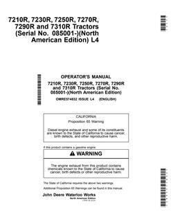 John Deere 7210R, 7230R, 7250R, 7270R, 7290R, and 7310R Tractors North American Edition Tractor Operator manual OMRE574832 — actual manual cover