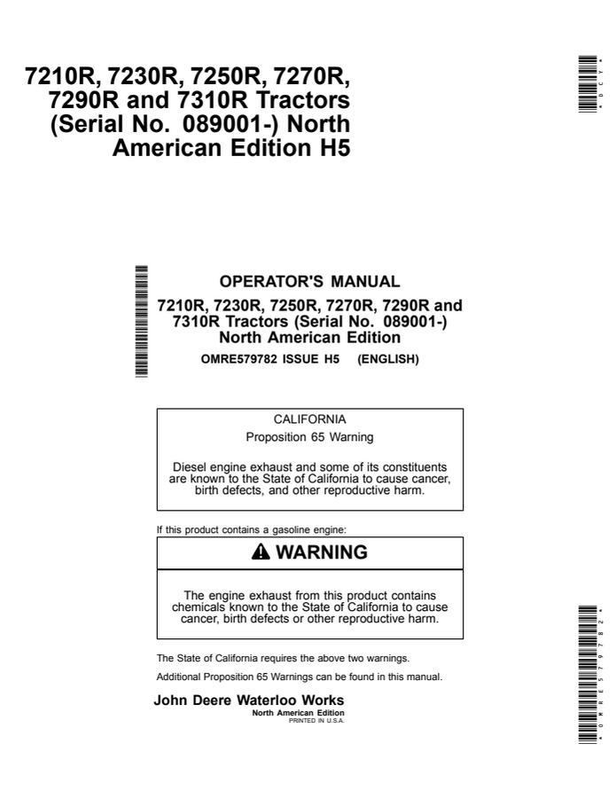 John Deere 7210R, 7230R, 7250R, 7270R, 7290R, and 7310R Tractors North American Edition Tractor Operator manual OMRE579782 — actual manual cover