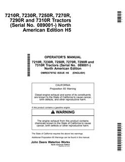 John Deere 7210R, 7230R, 7250R, 7270R, 7290R, and 7310R Tractors North American Edition Tractor Operator manual OMRE579782 — actual manual cover