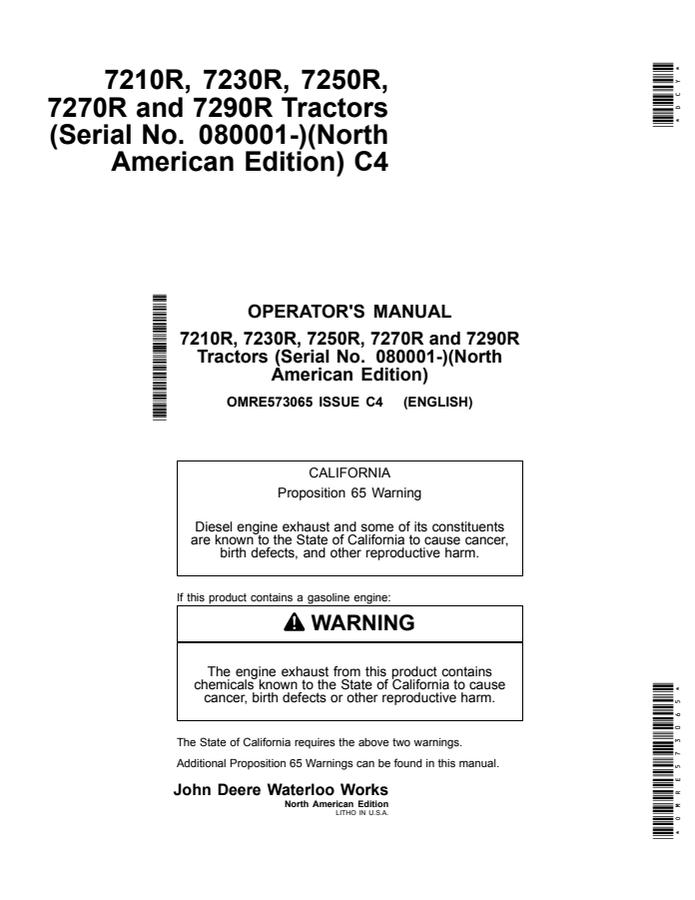 John Deere 7210R, 7230R, 7250R, 7270R, and 7290R Tractors North American Edition Tractor Operator manual OMRE573065 — actual manual cover