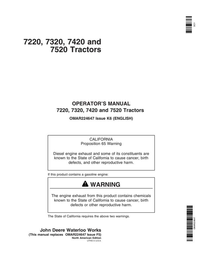 John Deere 7220, 7320, 7420, 7520 Agricultural tractor Operator's manual OMAR224647 — actual manual cover
