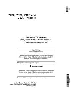John Deere 7220, 7320, 7420, 7520 Agricultural tractor Operator's manual OMAR224647 — actual manual cover