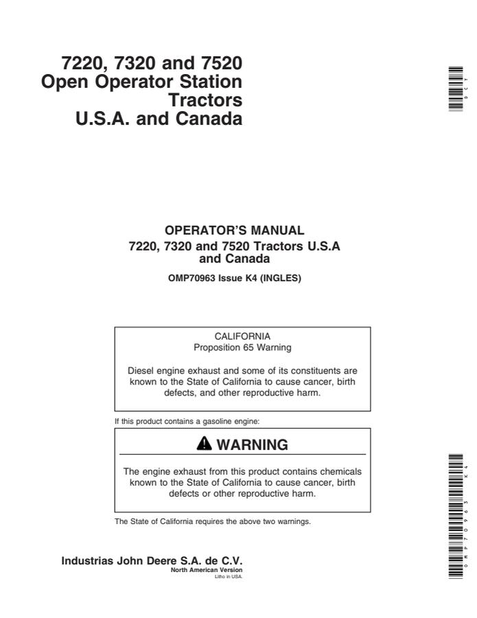 John Deere 7220, 7320, and 7520 Open Operator Station Tractors USA and Canada Tractor Operator manual OMP70963 — actual manual cover