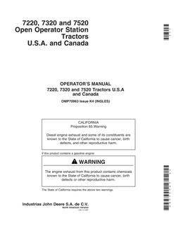John Deere 7220, 7320, and 7520 Open Operator Station Tractors USA and Canada Tractor Operator manual OMP70963 — actual manual cover