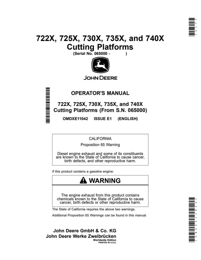 John Deere 722X, 725X, 730X, 735X, and 740X Cutting Platforms Worldwide Edition Cutting platform Operator manual OMDXE11042 — actual manual cover