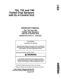 John Deere 724, 732, and 740 Trailed Crop Sprayers with EL-4 Control Unit European Edition Trailed crop sprayer Operator manual OMWZW13235 — actual manual cover