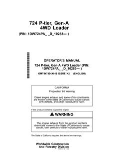 John Deere 724 P-tier Gen-A 4WD Loader Loader Operator manual OMT447404X019 — actual manual cover