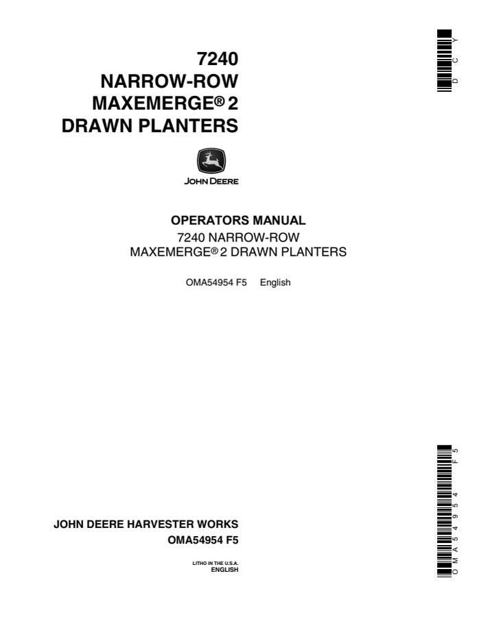 John Deere 7240 Narrow-Row MaxEmerge 2 Planter Operator's manual OMA54954 — actual manual cover