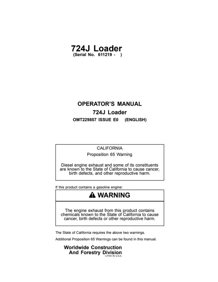 John Deere 724J Loader Loader Operator manual OMT229857 — actual manual cover