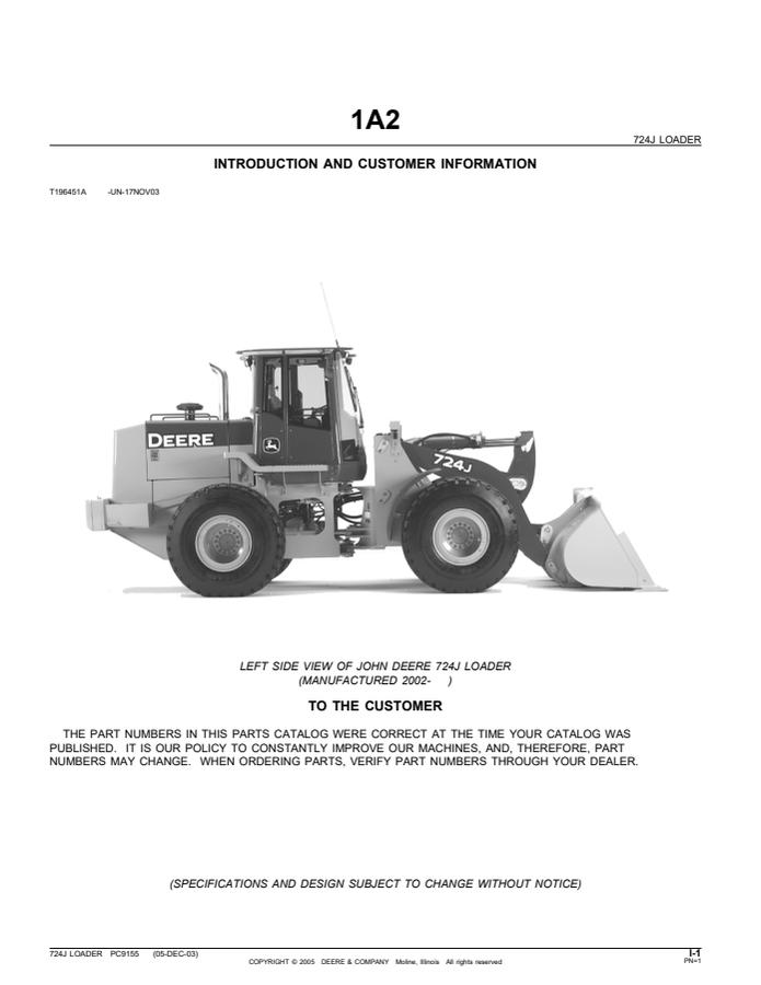 John Deere 724J, manufactured 2002 and later Loader Parts catalog PC9155 — actual manual cover
