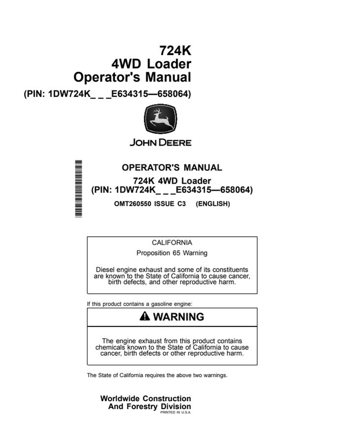 John Deere 724K 4WD Loader Loader Operator manual OMT260550 — actual manual cover