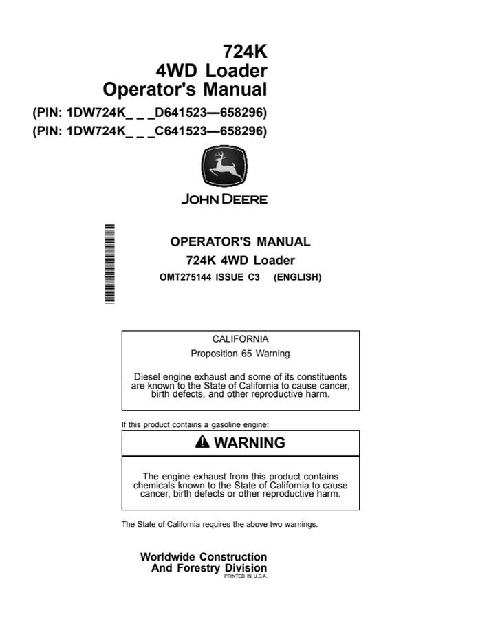 John Deere 724K 4WD Loader Loader Operator manual OMT275144 — actual manual cover