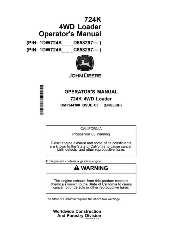 John Deere 724K 4WD Loader Operator manual — actual manual cover