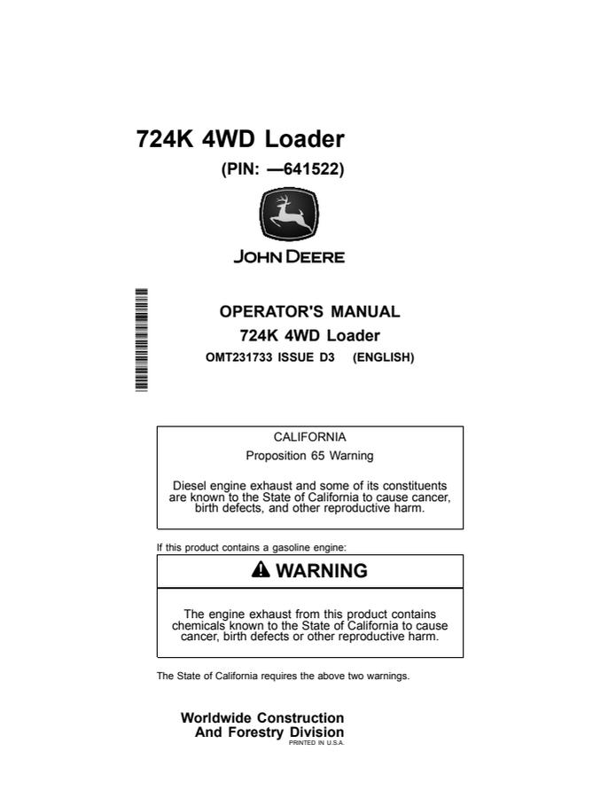 John Deere 724K 4WD Loader Operator's Manual — actual manual cover