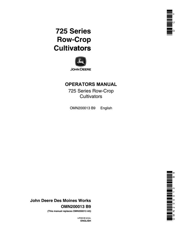 John Deere 725 Series Row-Crop Cultivators Cultivator Operator manual OMN200013 — actual manual cover
