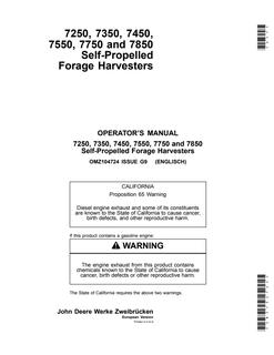 John Deere 7250, 7350, 7450, 7550, 7750, and 7850 Self-Propelled Forage Harvesters European Version Forage harvester Operator manual OMZ104724 — actual manual cover