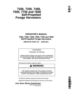 John Deere 7250, 7350, 7450, 7550, 7750, and 7850 Self-Propelled Forage Harvesters North American Version Forage harvester Operator manual OMZ104746 — actual manual cover