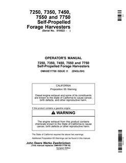 John Deere 7250, 7350, 7450, 7550, and 7750 Self-Propelled Forage Harvesters European Edition Forage harvester Operator manual OMHXE17709 — actual manual cover