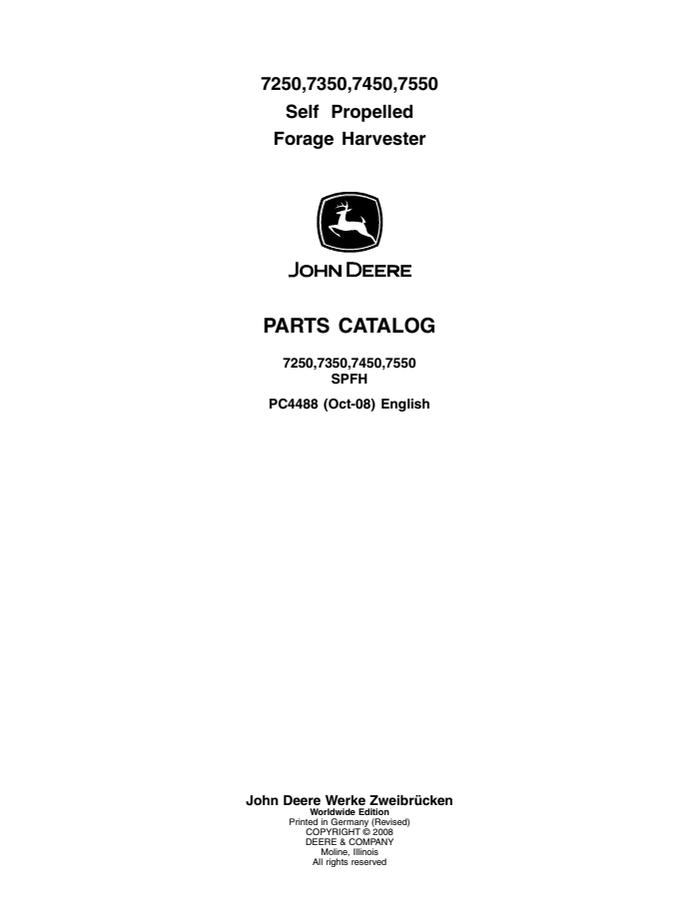 John Deere 7250, 7350, 7450, 7550 Self-propelled forage harvester Parts catalog PC4488 — actual manual cover