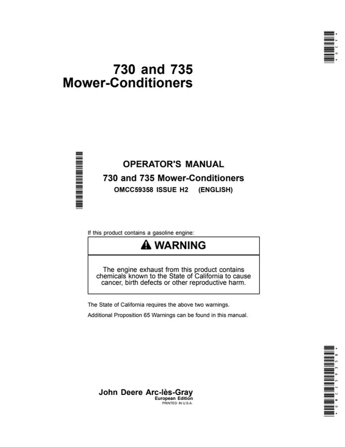John Deere 730 and 735 Mower-Conditioners European Edition Mower-conditioner Operator manual OMCC59358 — actual manual cover
