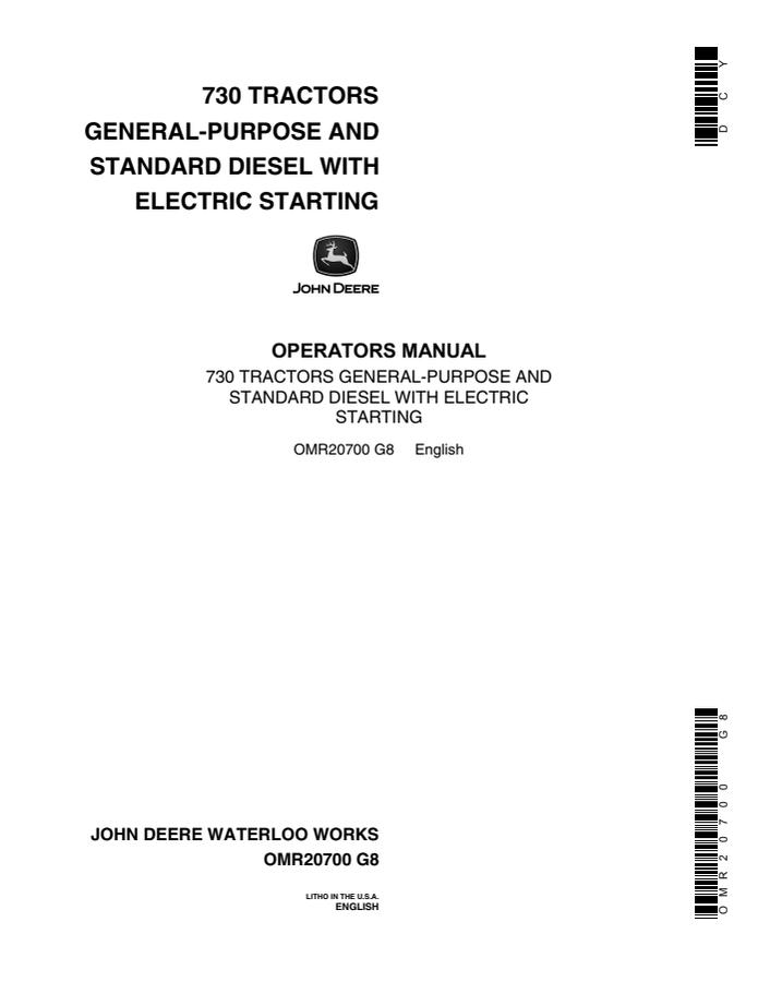 John Deere 730 General-Purpose and Standard Diesel with Electric Starting Tractor Operator's manual OMR20700 — actual manual cover