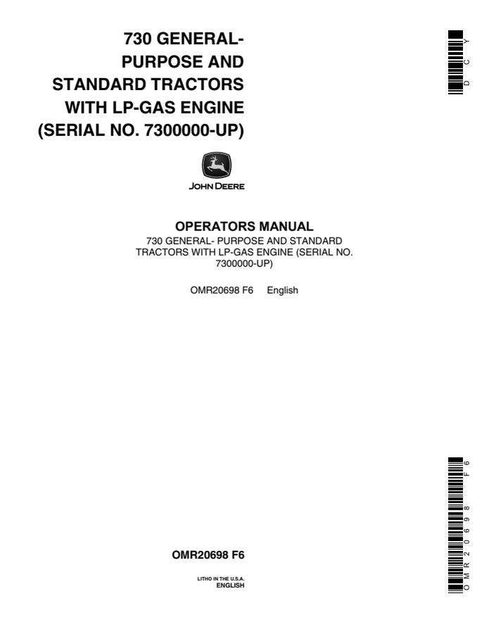 John Deere 730 General-Purpose and Standard Tractors Tractor Operator manual OMR20698 — actual manual cover