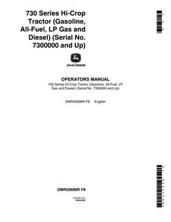 John Deere 730 Series Hi-Crop Tractor Tractor Operator manual OMR20696R — actual manual cover