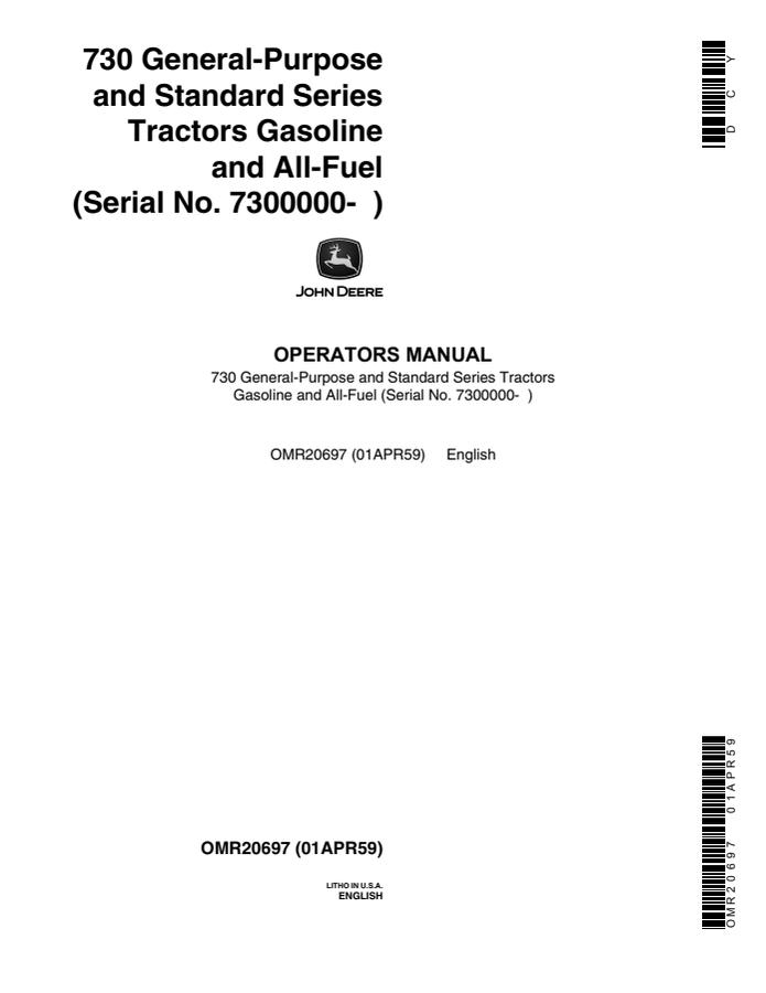 John Deere 730 Tractor Operator manual OMR20697 — actual manual cover