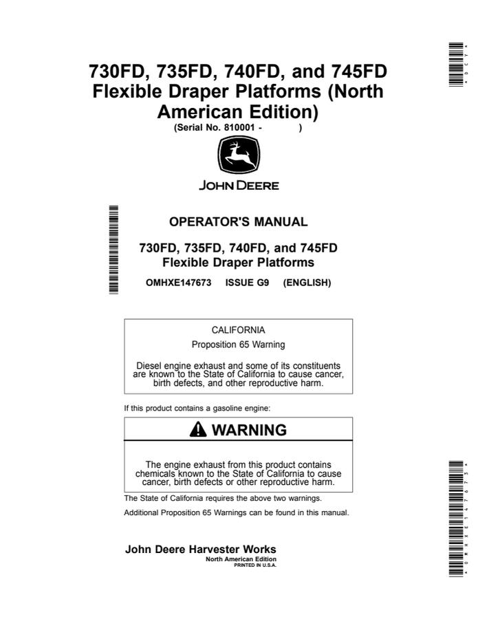 John Deere 730FD, 735FD, 740FD, 745FD Flexible draper platform Operator's manual OMHXE147673 — actual manual cover