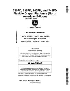 John Deere 730FD, 735FD, 740FD, and 745FD Flexible Draper Platforms North American Edition Flexible draper platform Operator manual OMHXE127840 — actual manual cover
