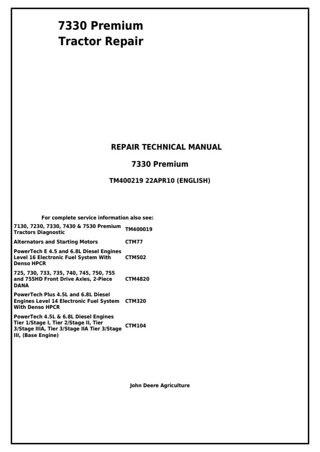 John Deere 7330 Premium Tractor Repair Technical Manual TM400219 — actual manual cover