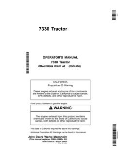 John Deere 7330 Tractor North American and Export Edition Tractor Operator manual OMAL206904 — actual manual cover