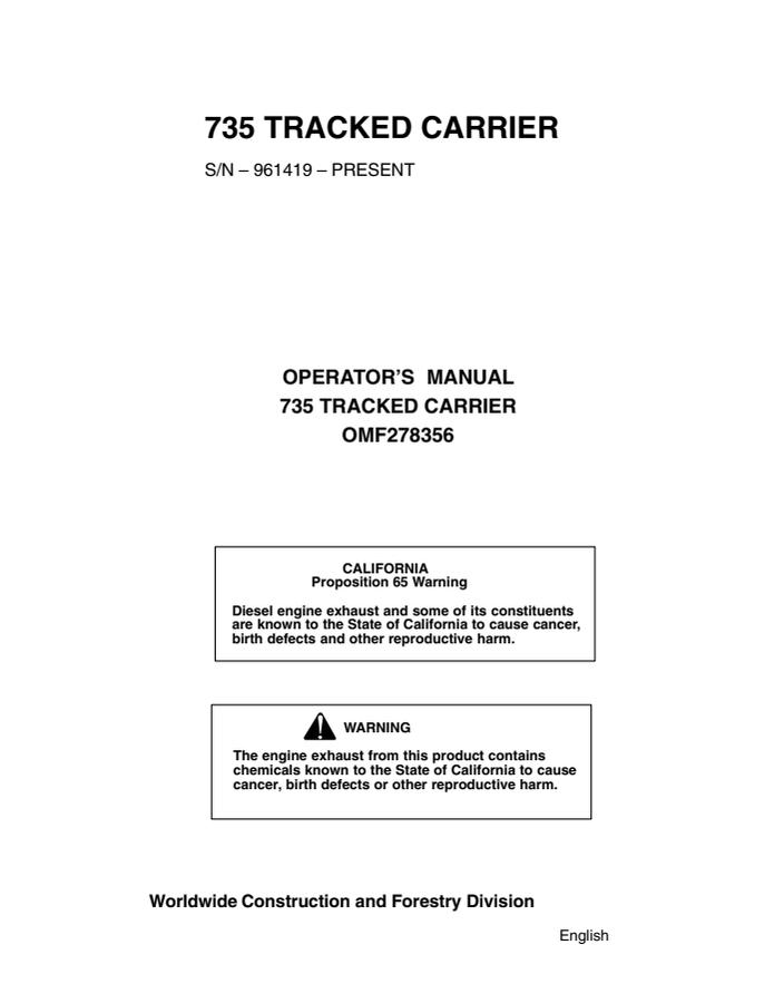 John Deere 735 Tracked Carrier Tracked carrier Operator manual OMF278356 — actual manual cover
