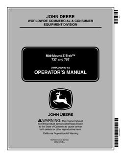 John Deere 737 and 757 Mid-Mount Z-Trak Zero-turn mower Operator manual OMTCU20640 — actual manual cover