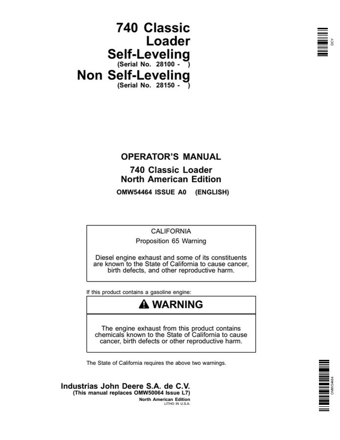 John Deere 740 Classic Loader (self-leveling and non-self-leveling variants) Loader Operator manual OMW54464 — actual manual cover